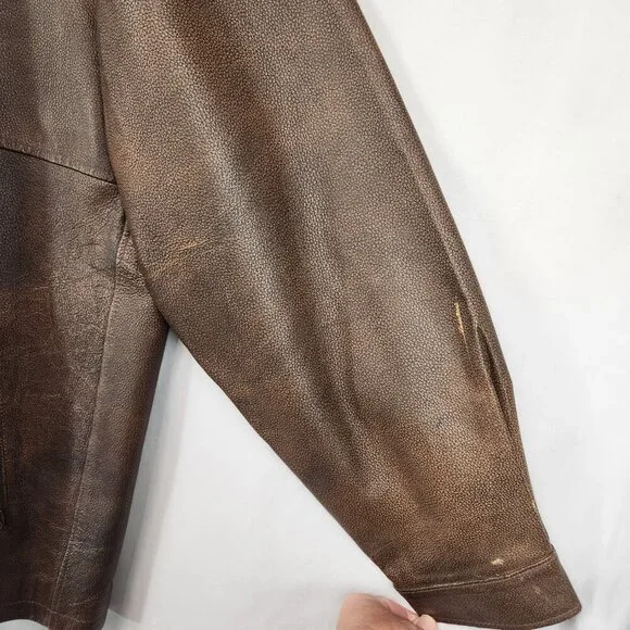 Vtg Browning Gold Brown Leather Jacket Men's XL TG Shoulder Patch Zip Logo